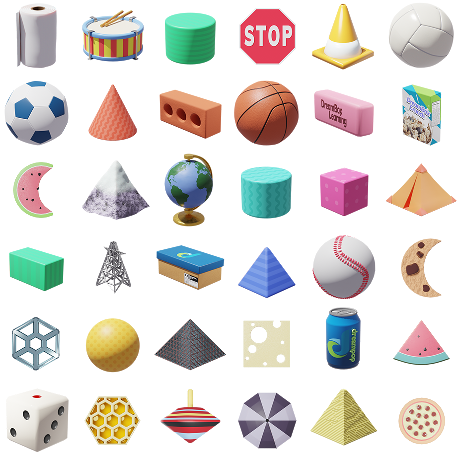 Grid of renders of everyday objects representing basic shapes.