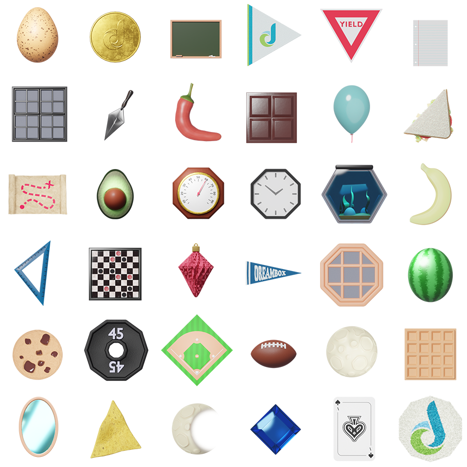 Grid of renders of everyday objects representing basic shapes.